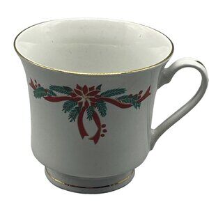 Poinsettia Ribbons Christmas tea cup white gold trim red flower ribbon READ